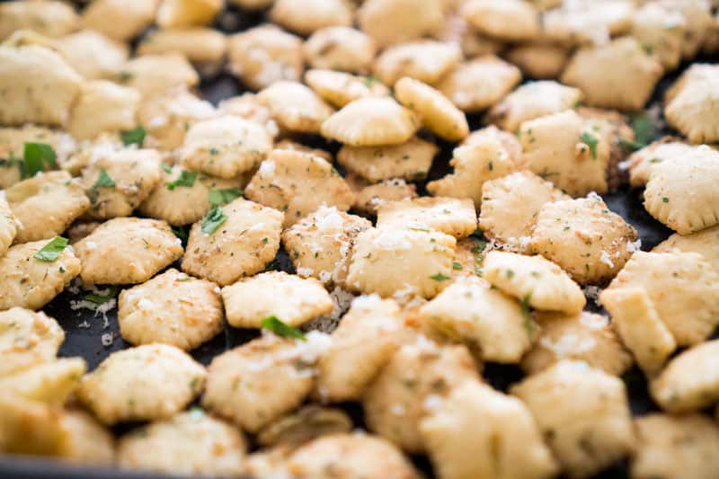close up photo of Ranch seasoned oyster crackers in white bowl
