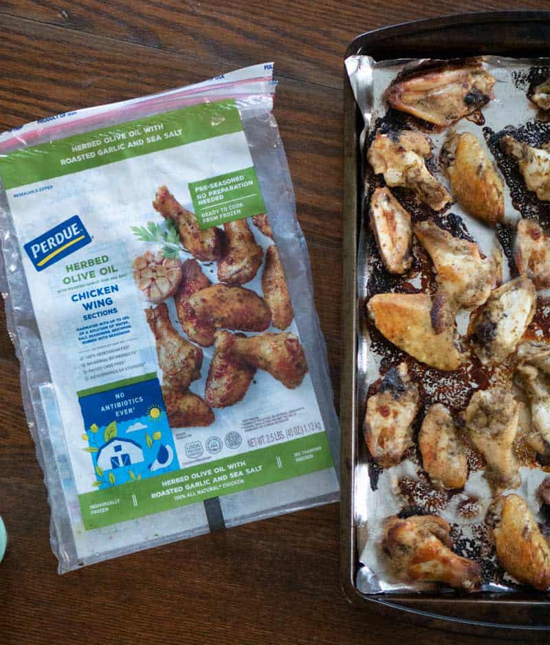perdue chicken wings bag with wings on baking sheet