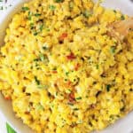 jalapeño corn dip in white bowl