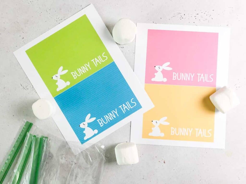 printable bunny tail gift tags for easter in blue, green, pink , and orange