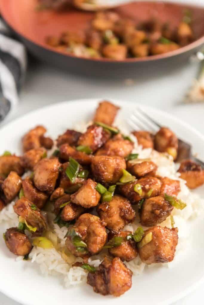 szechuan chicken over rice on white plate with green onion