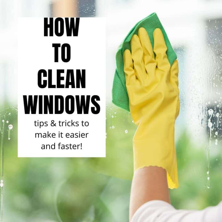 gloved hand cleaning a window with a green cloth and text reading how to clean windows