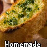 homemade garlic bread close up with recipe name overlay