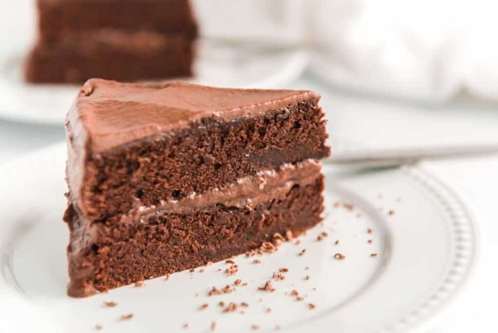 slice of chocolate cake on white plate with crumbs from the side view