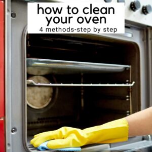 how to clean your oven in text over picture of hand in glove wiping down oven rack