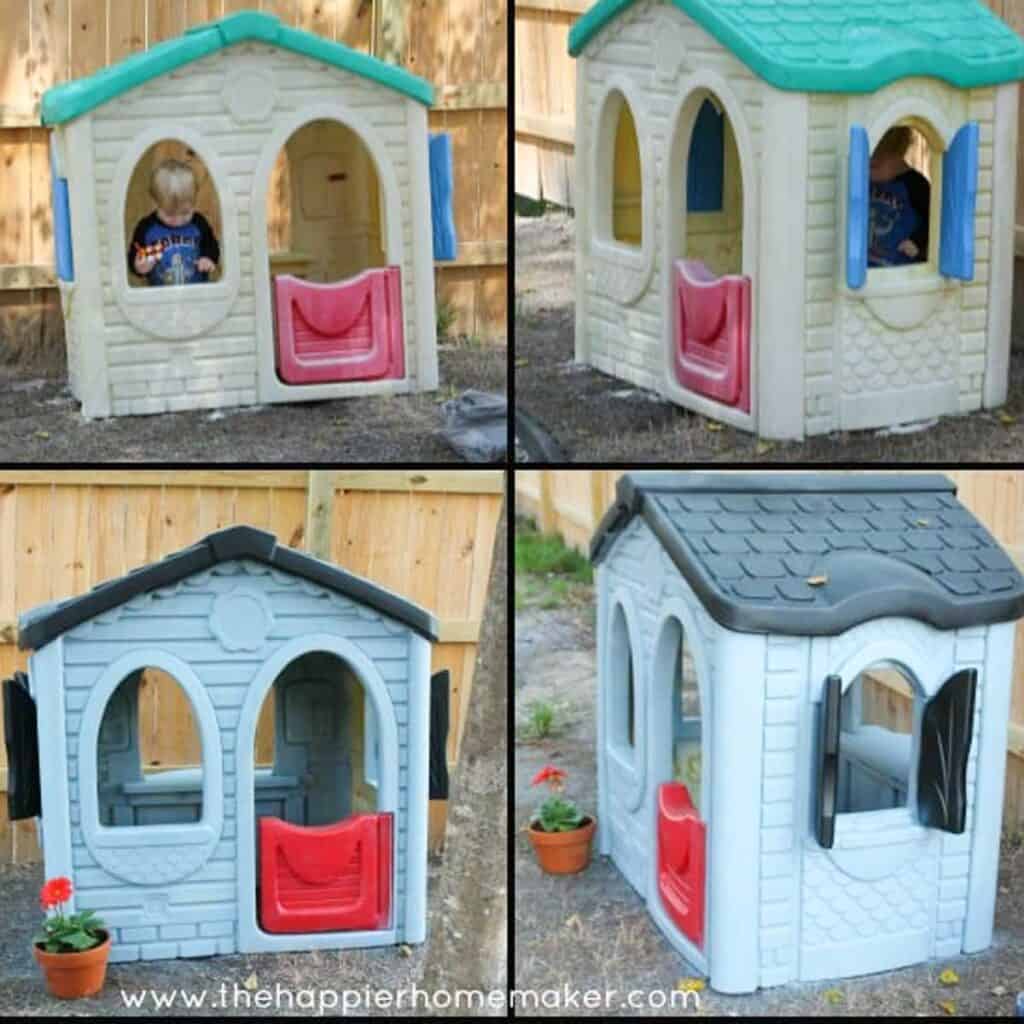 before and after of plastic playhouse spray painted
