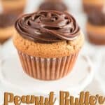 peanut butter cupcake text over photo of cupcake with chocolate frosting on white pedestal