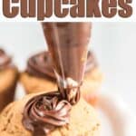 text reading peanut butter cupcakes over close up photo of cupcake getting iced with chocolate frosting