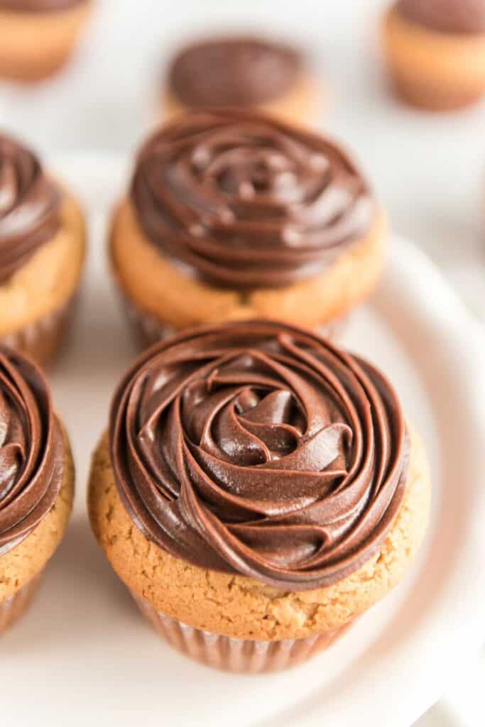 peanut butter cupcakes with chocolate frosting on white cake stand