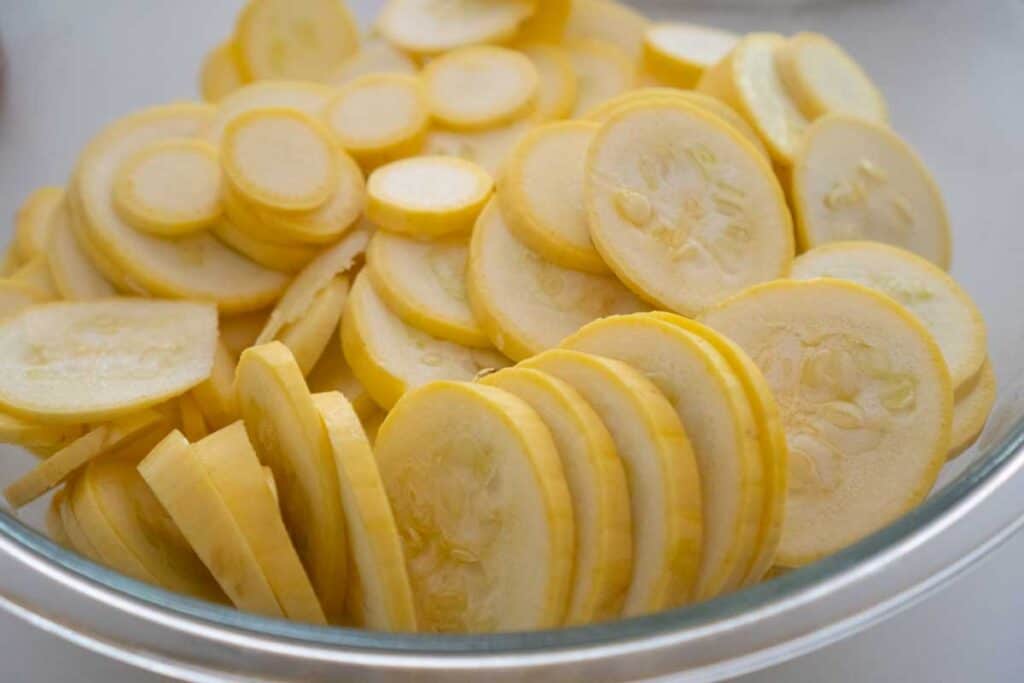 slices of squash in glass bowl