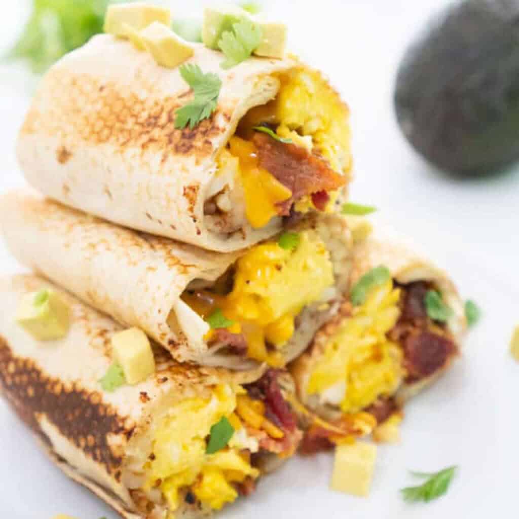 stacked bacon breakfast burritos