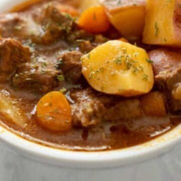 beef stew in white bowl