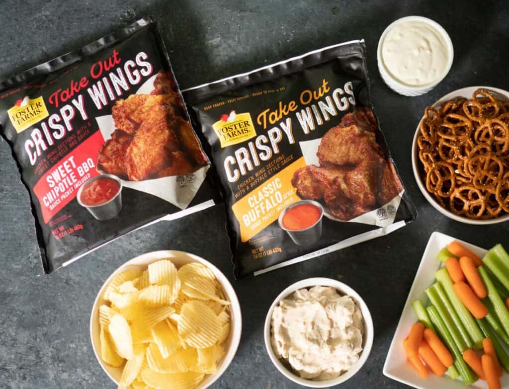 bags of crispy take out wings and snacks