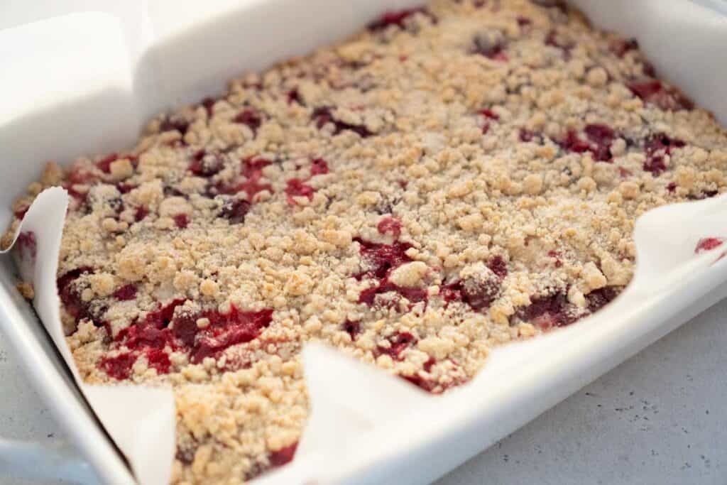 cranberry crumble in baking dish