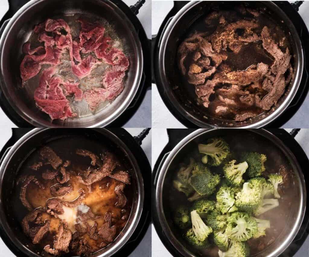 collage of steps to make beef and broccoli in an Instant Pot
