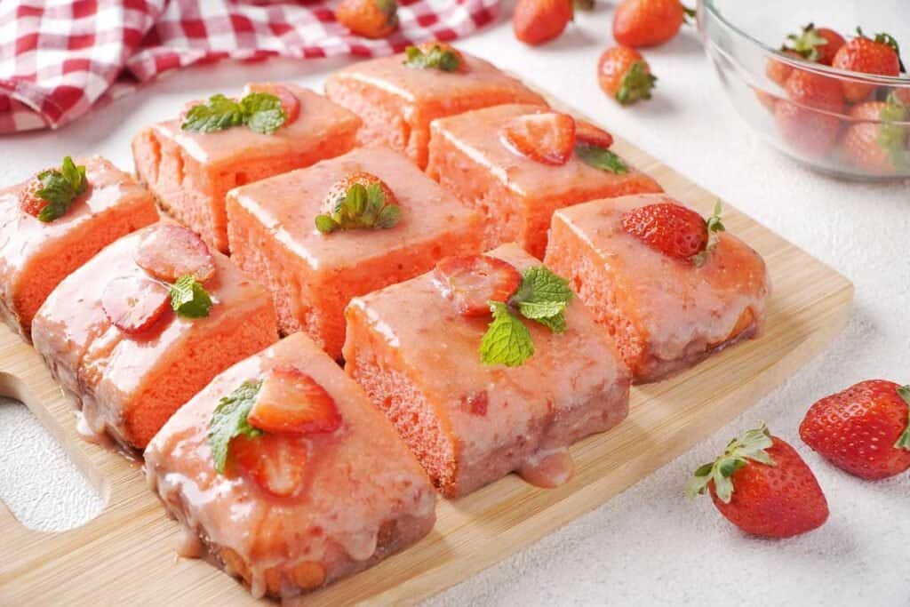 strawberry brownies with sliced strawberries on top