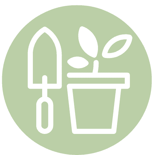 light green circle with gardening icon