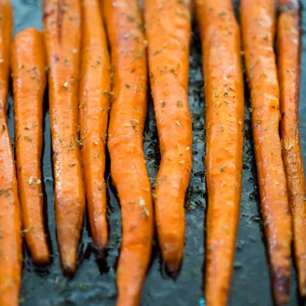 roasted carrots on baking pan
