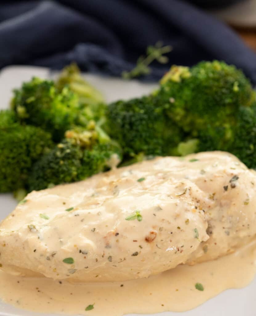 chicken breast with dijon mustard sauce on white plate with broccoli