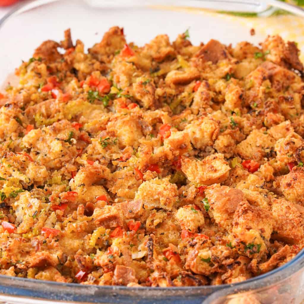 close up of sausage and herb stuffing