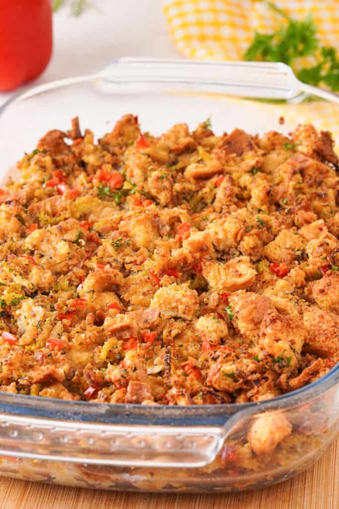 sausage stuffing in a glass casserole dish