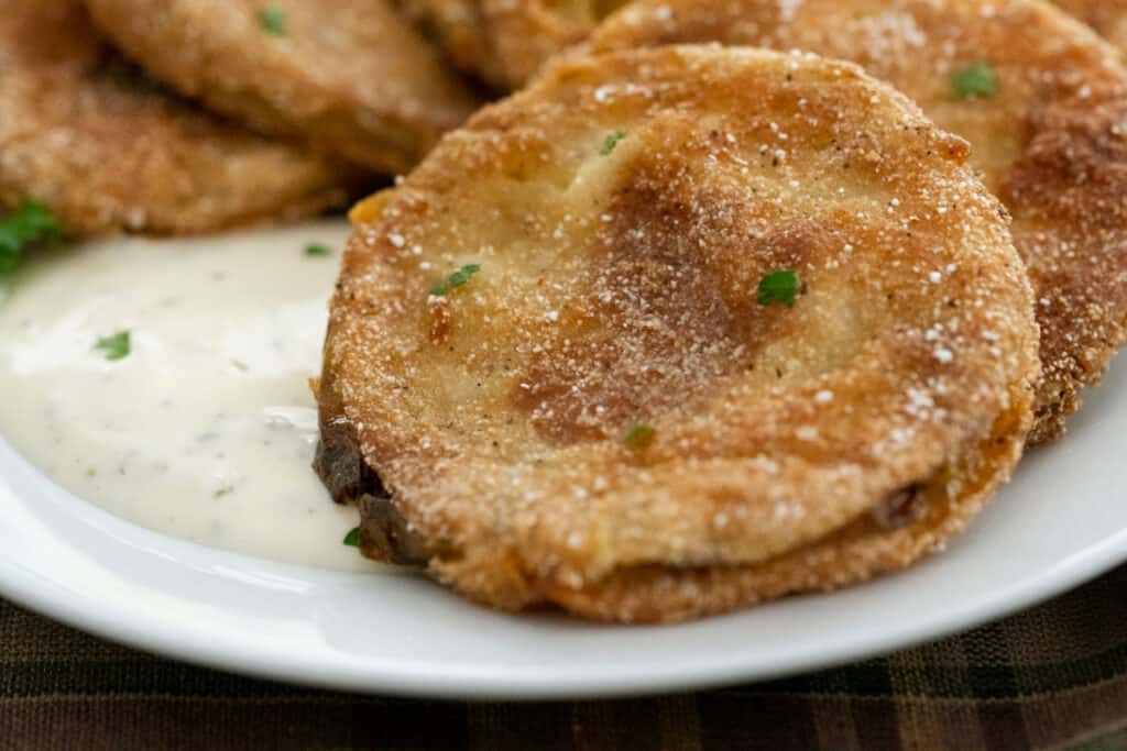 close up of fried green tomatoes on white plate with ranch