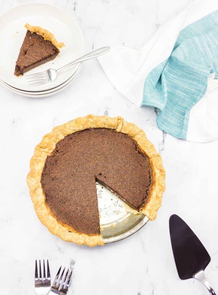 chocolate chess pie with one slice