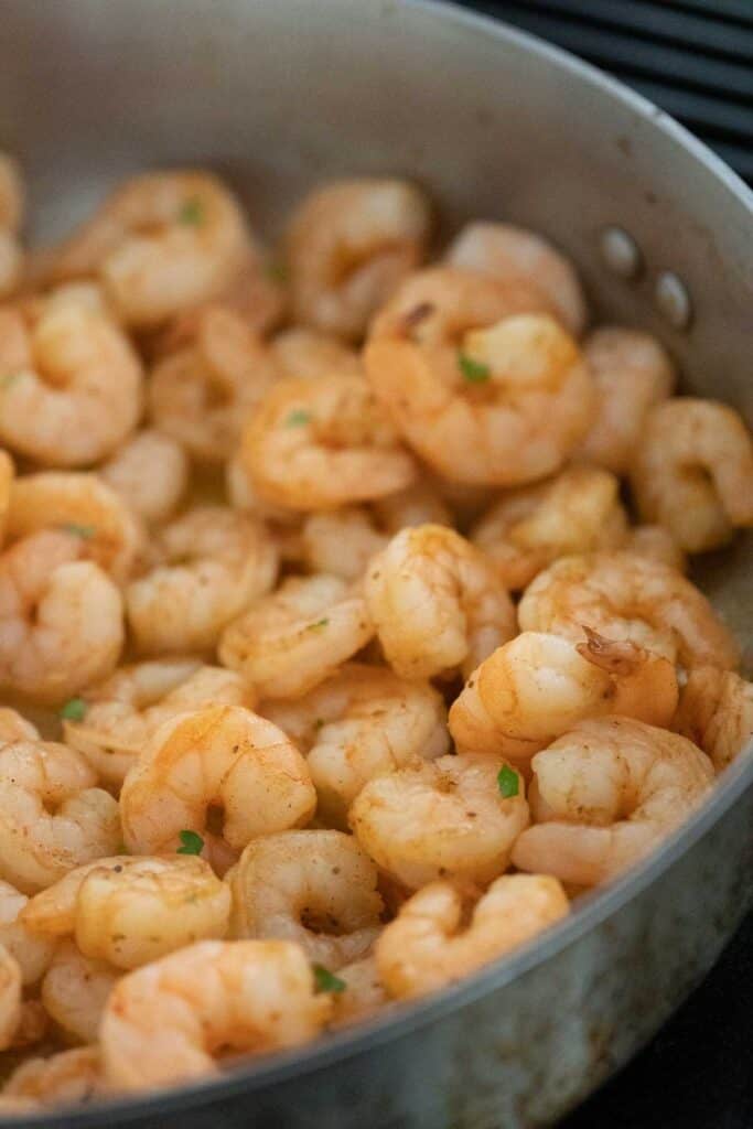 pan fried shrimp in skillet