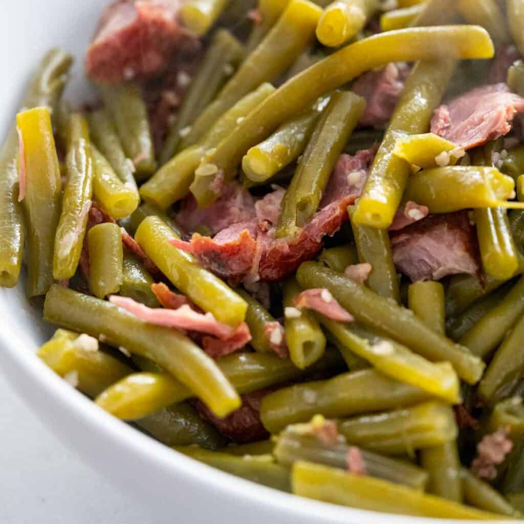 southern string beans in white bowl