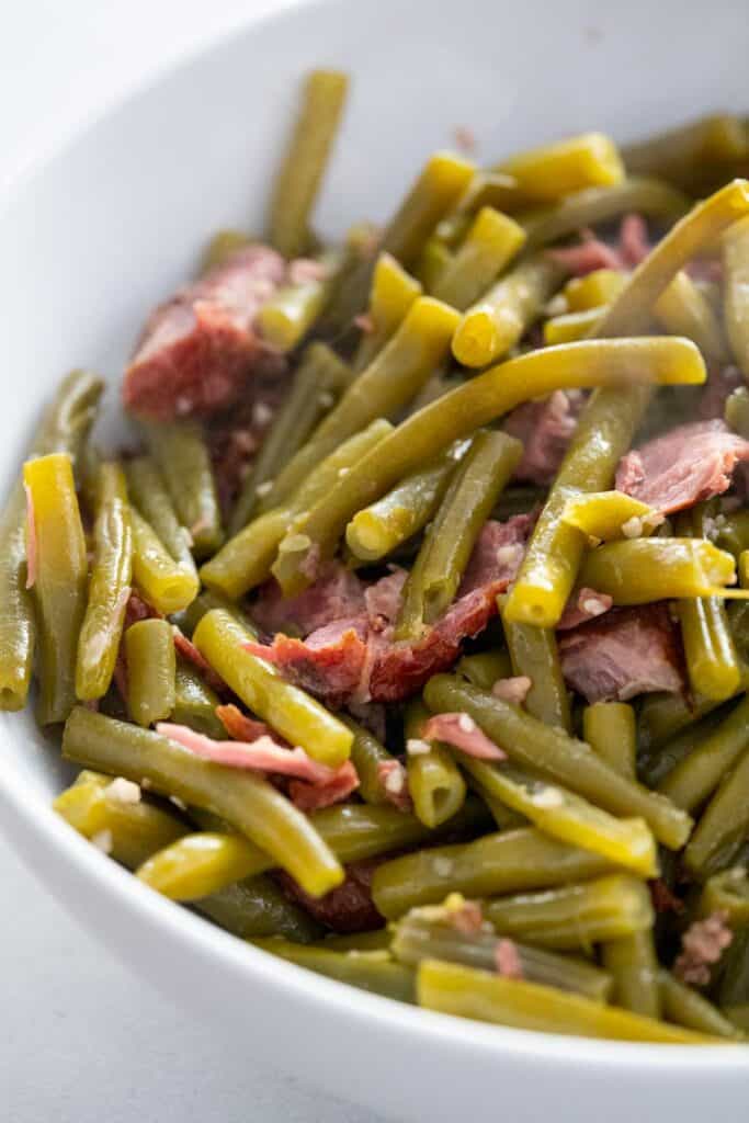 close up of Southern green beans with bacon