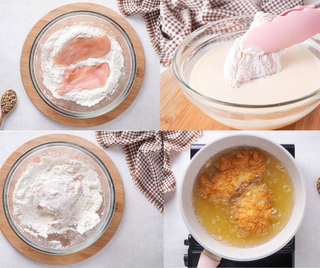 step by step collage of breading and frying chicken for chicken fried chicken