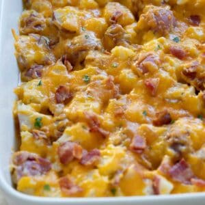 close up of cheesy bacon potato casserole