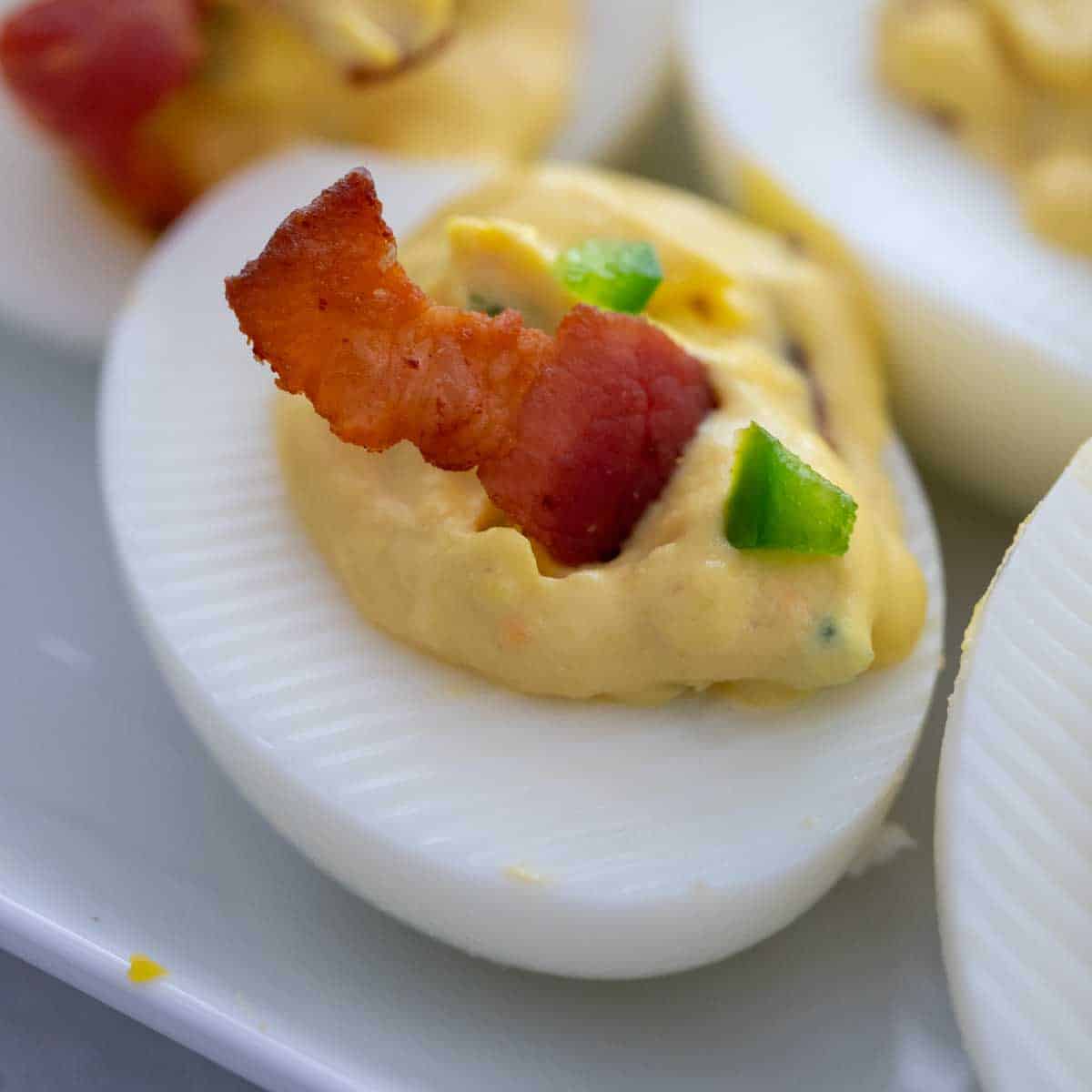 close up of bacon jalapeño deviled egg