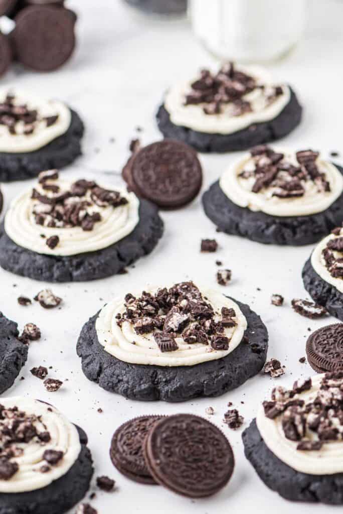 copycat crumbl oreo cookies on parchment paper