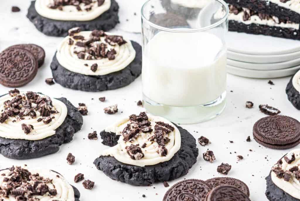 copycat crumbl oreo cookies with glass of milk