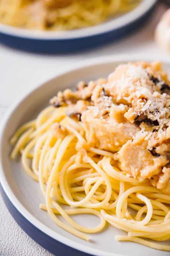 chicken and mushrooms in a sauce over pasta with parmesan cheese