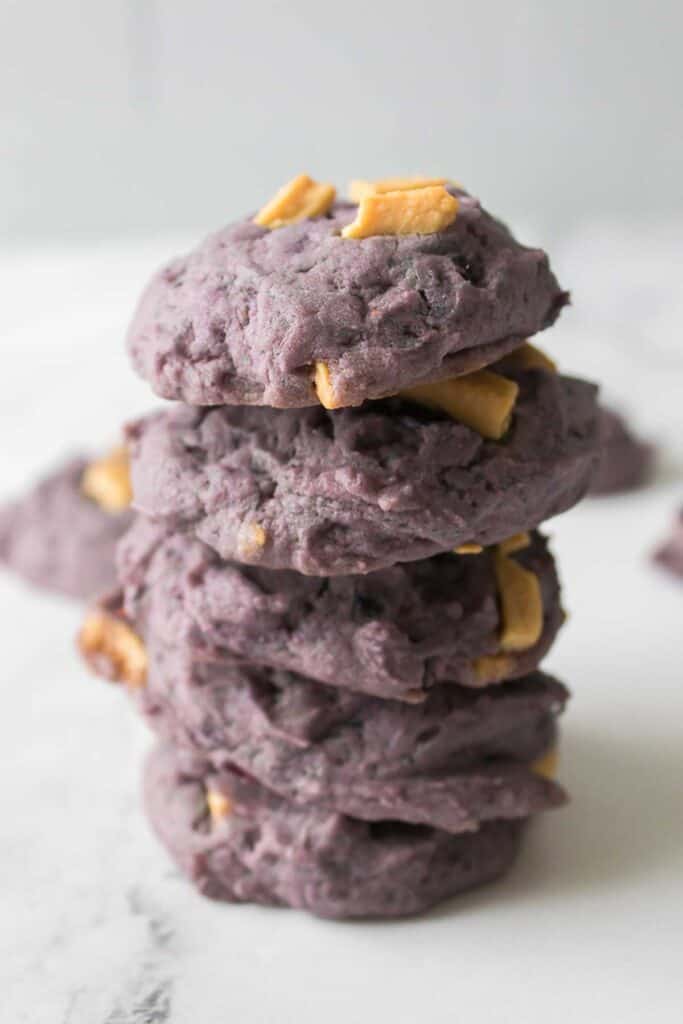 stack of blueberry cookies with white chocolate chunks