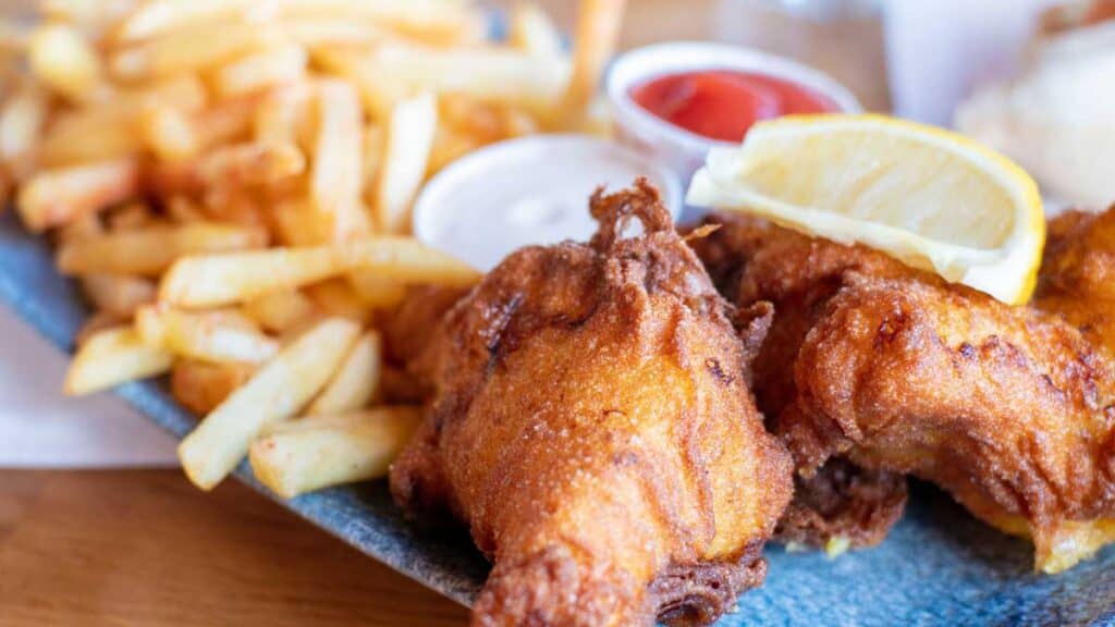 fish and chips with lemon wedge