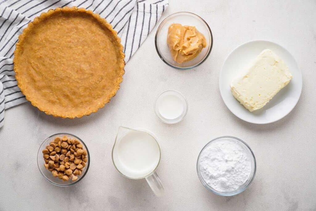 no bake peanut butter pie ingredients on marble countertop