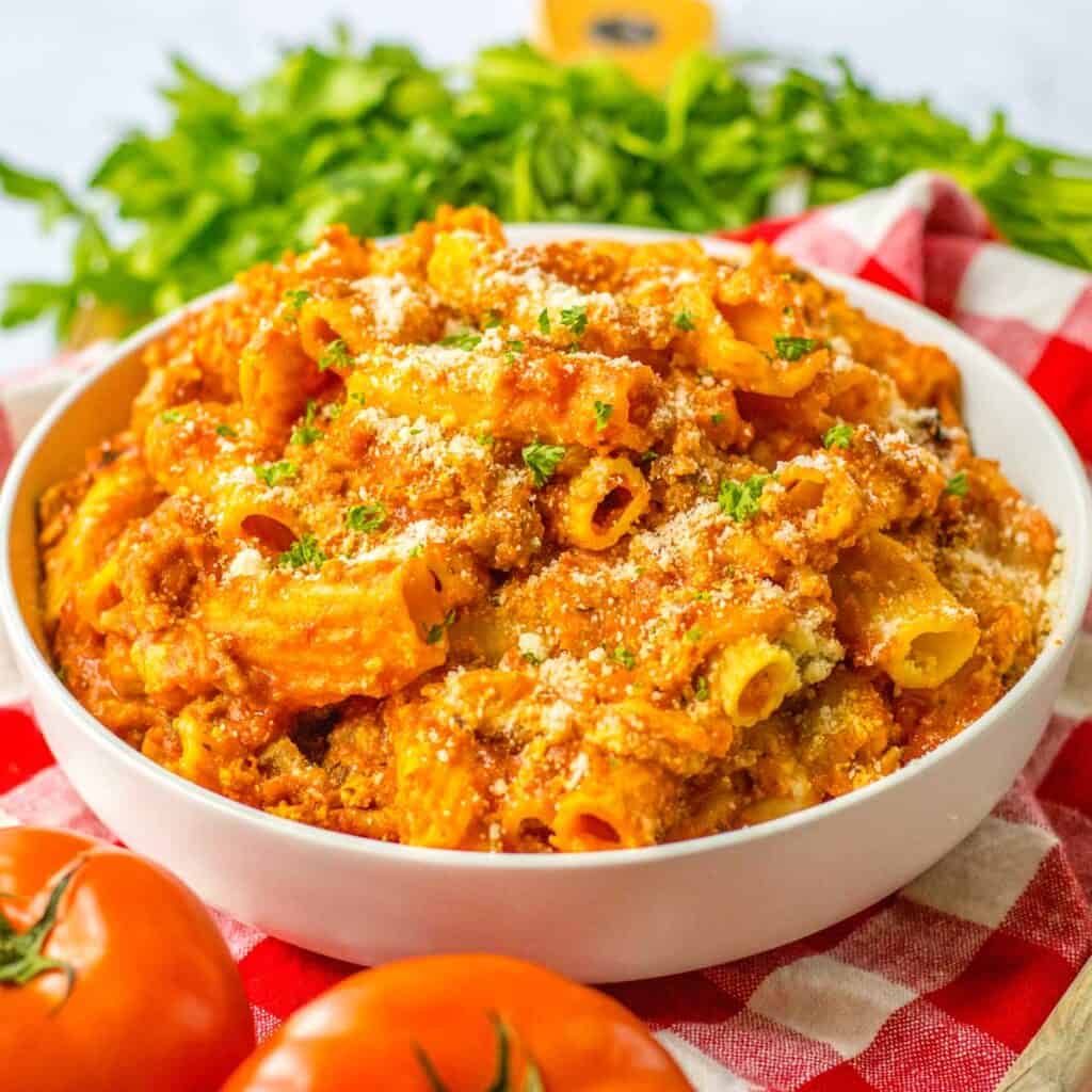 slow cooker baked ziti in white bowl