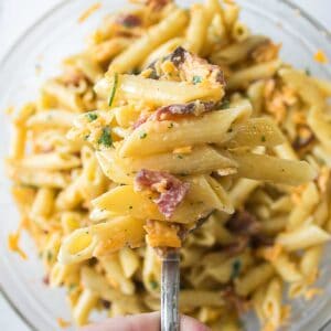 crack pasta salad in spoon