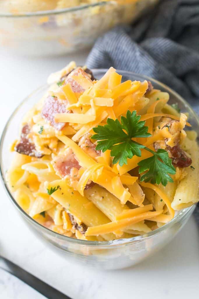 small bowl of bacon ranch pasta salad