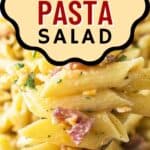 collage of bacon ranch pasta salad with recipe name overlay