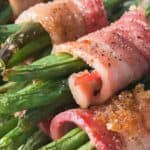 collage of bacon wrapped green bean bundles with recipe name overlay