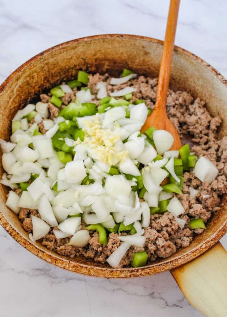 ground turkey, onions, and chopped green pepper in skillet