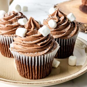 three hot chocolate cupcakes on brown plate
