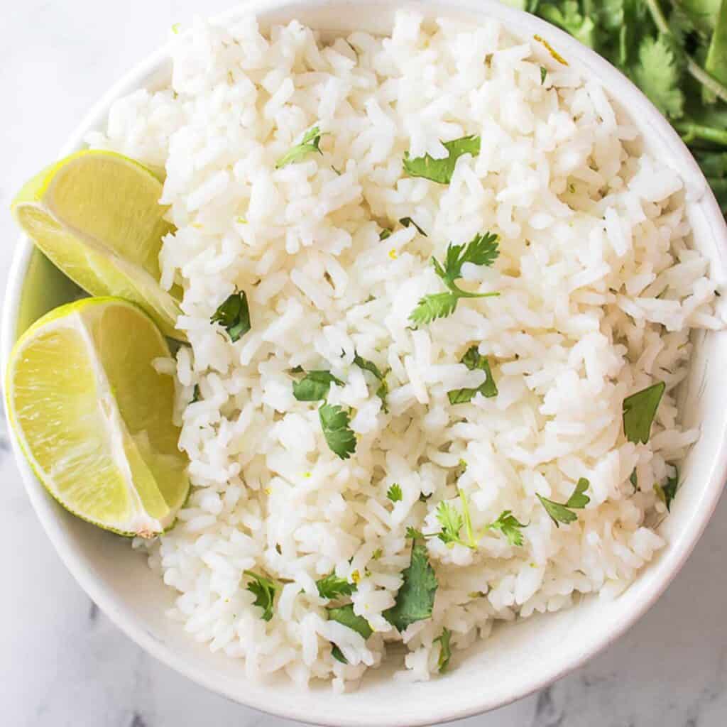 chipotle lime rice in white bowl