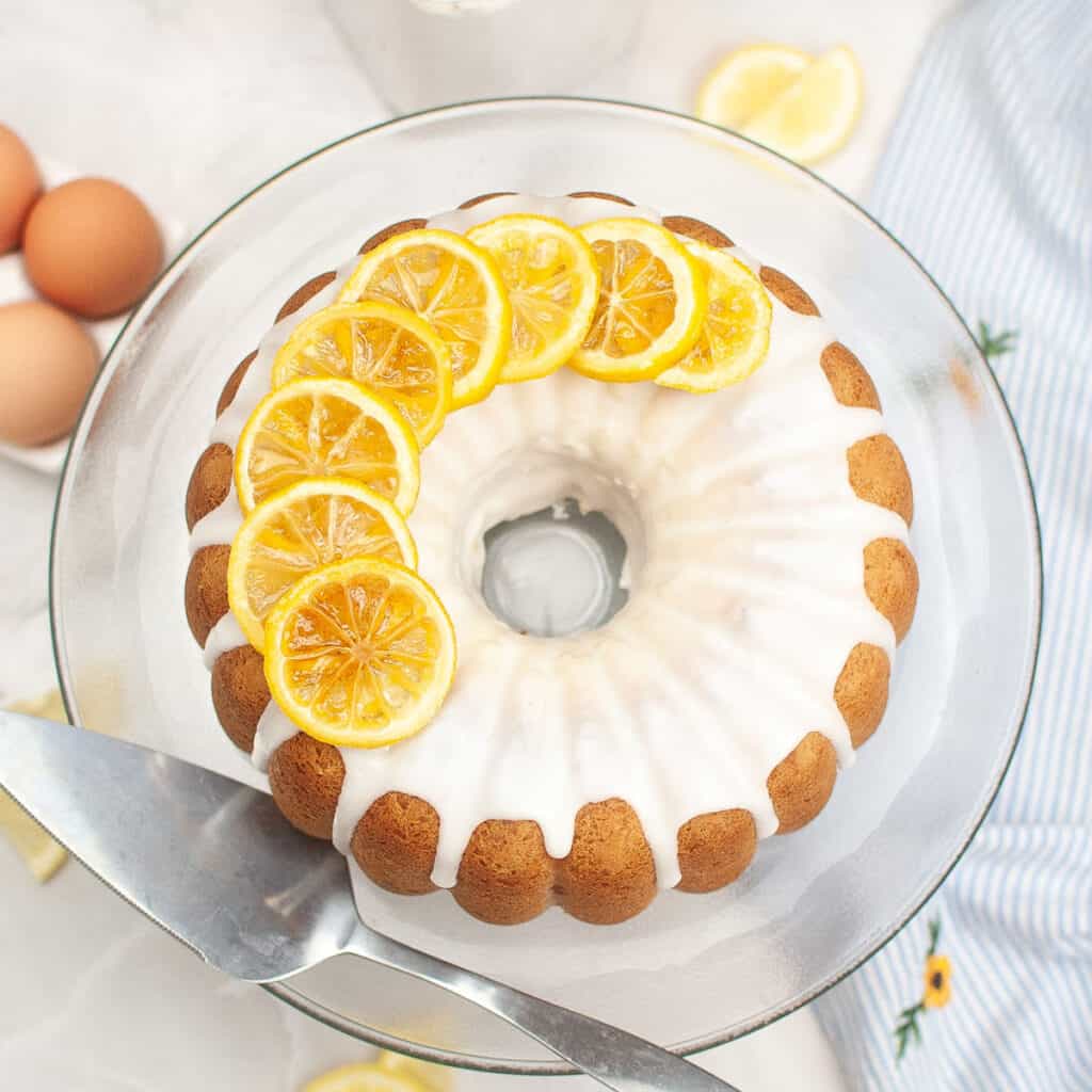 overhead view of lemon bundt cake