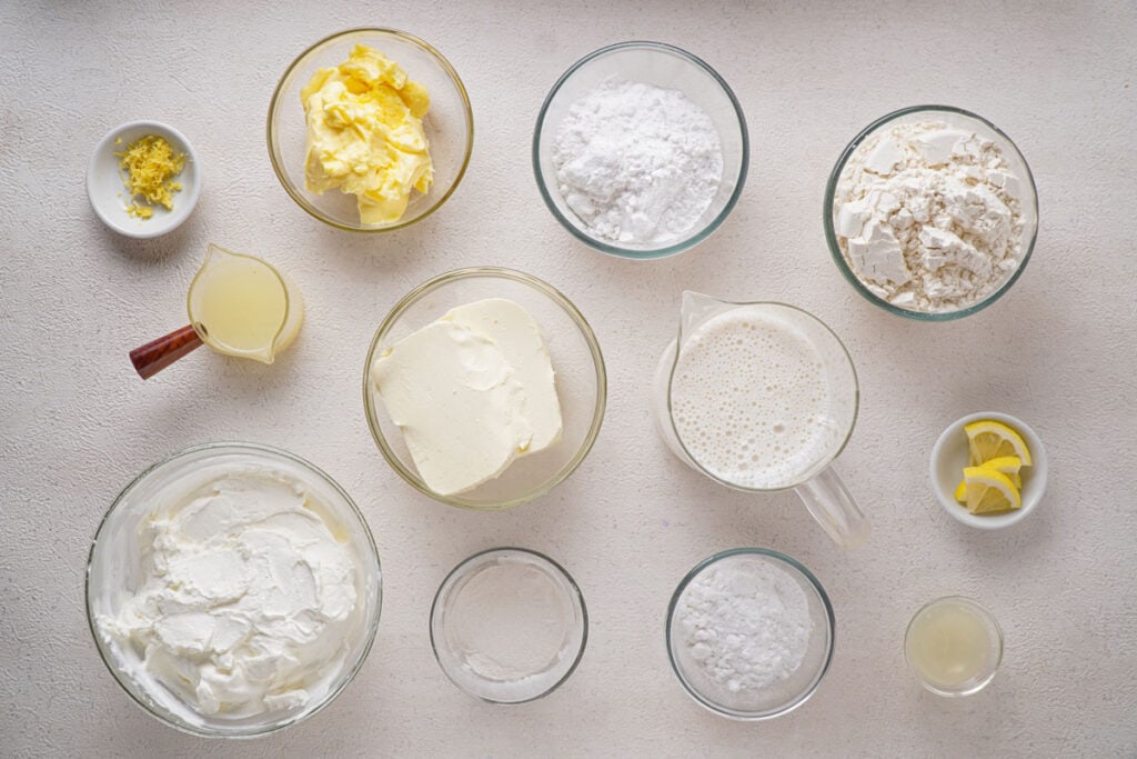 lemon lush ingredients in glass bowls on countertop