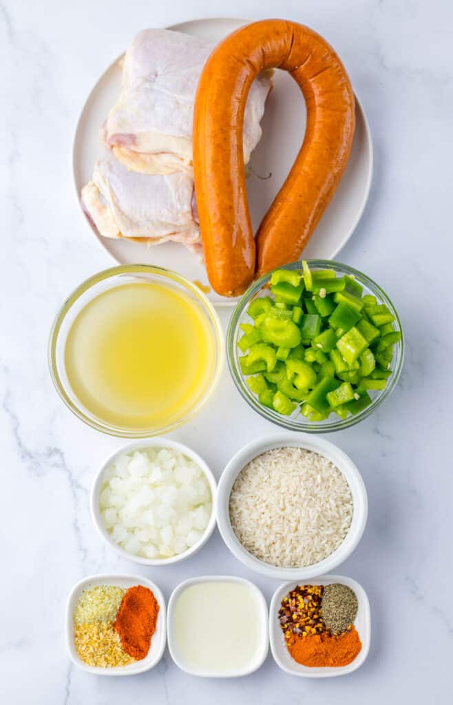 jambalaya ingredients on countertop